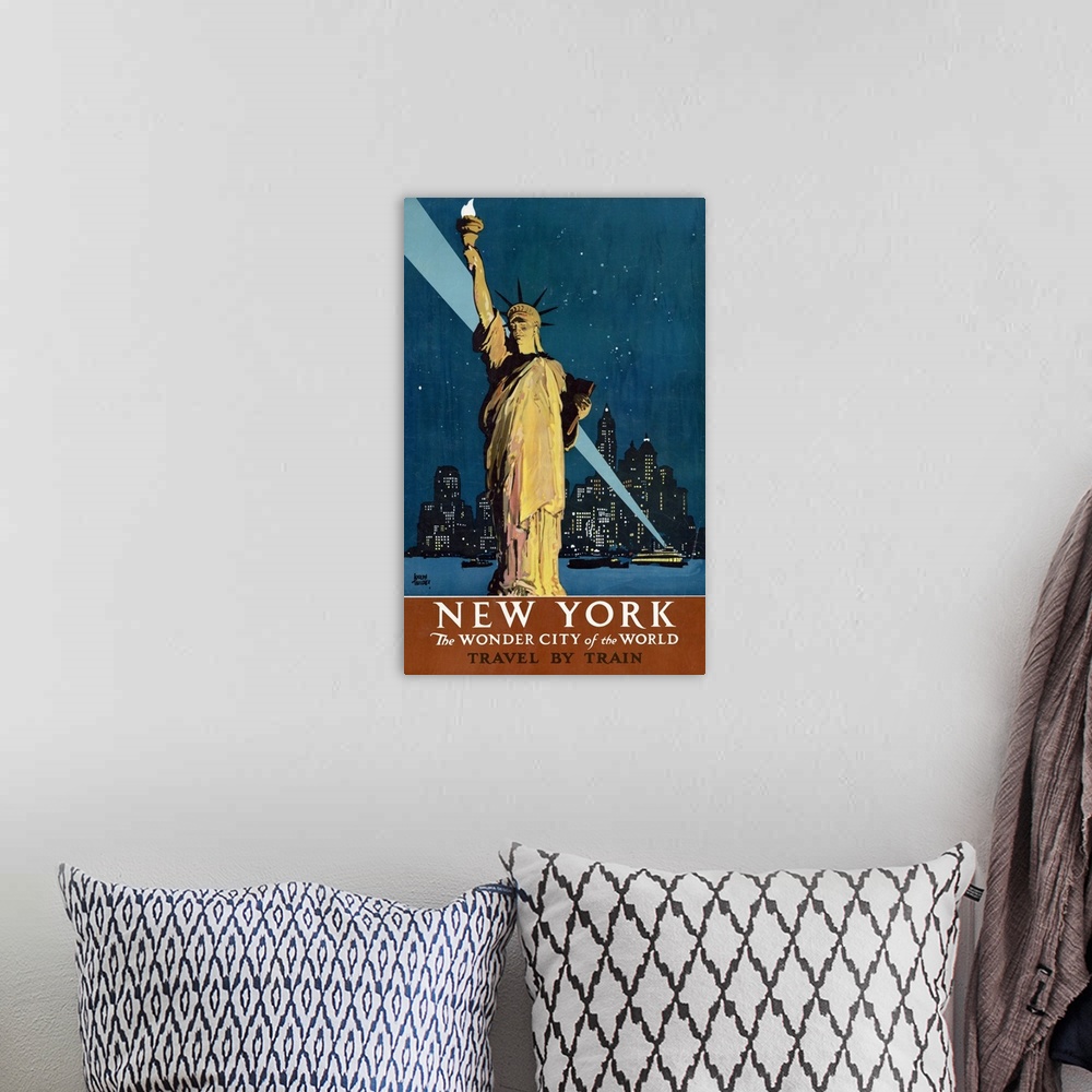 A bohemian room featuring Vintage Travel Poster Of The Statue Of Liberty With Boats, Skyline And Searchlight, 1927