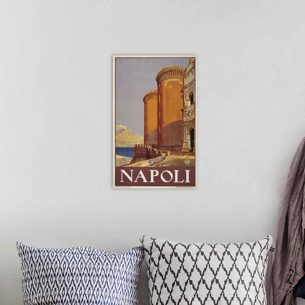 A bohemian room featuring Vintage Travel Poster Of Vesuvius And The Bay Of Naples From A Fortress, 1920