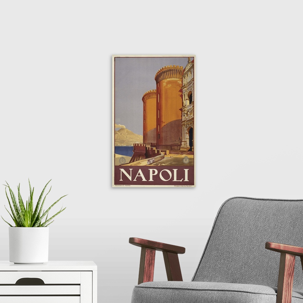 A modern room featuring Vintage Travel Poster Of Vesuvius And The Bay Of Naples From A Fortress, 1920