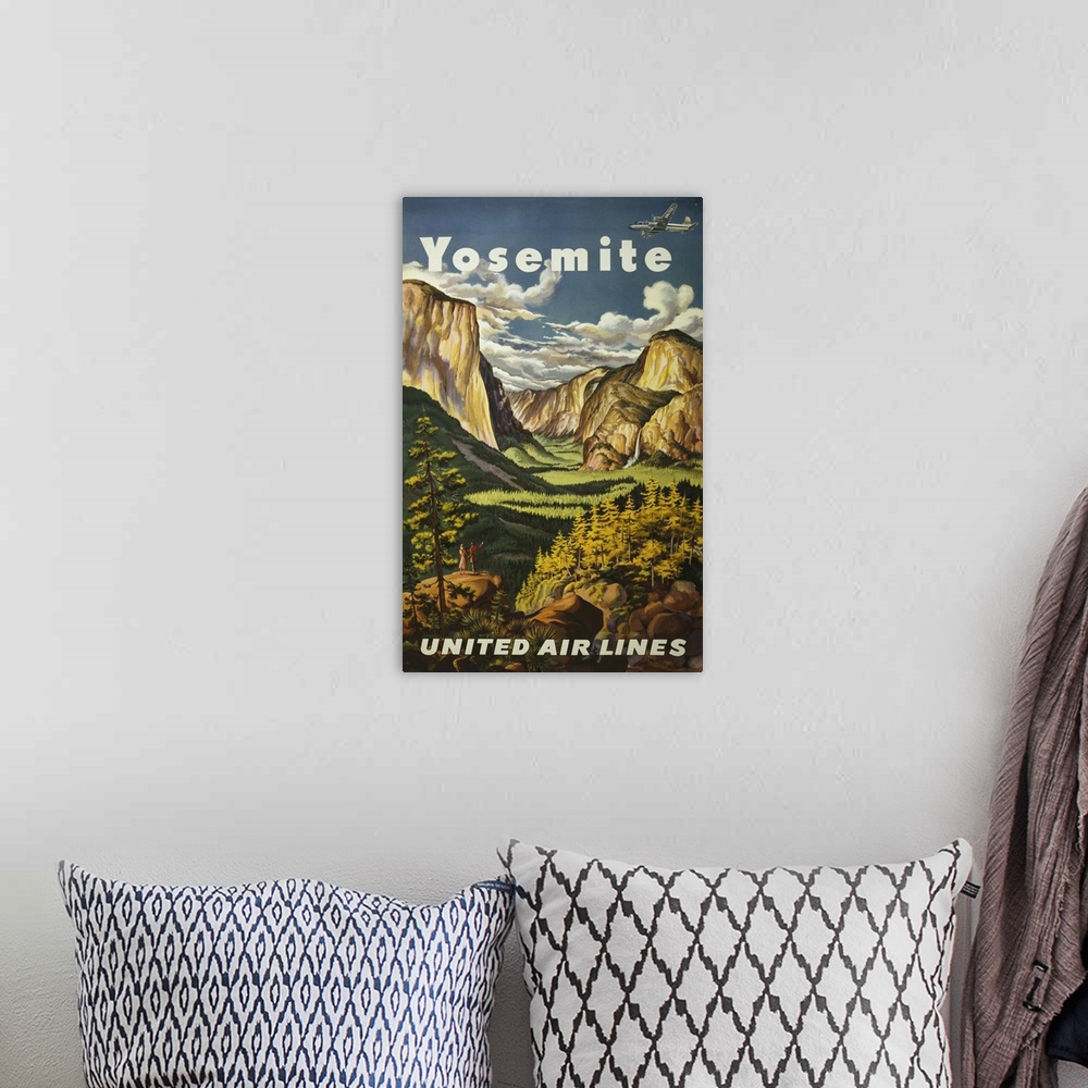 A bohemian room featuring Vintage Travel Poster Overlooking Yosemite Falls And Yosemite National Park, 1945