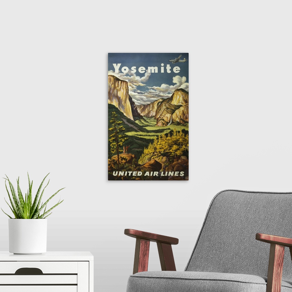 A modern room featuring Vintage Travel Poster Overlooking Yosemite Falls And Yosemite National Park, 1945