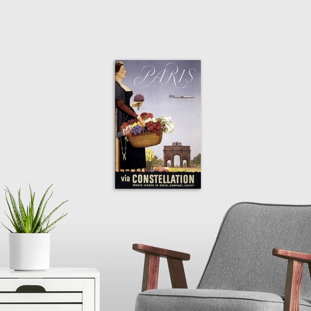 A modern room featuring Vintage Travel Poster, Paris Via Constellation, 1950