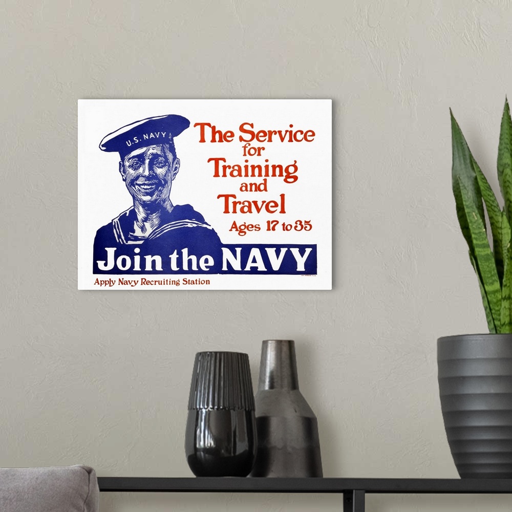 A modern room featuring Vintage US Navy Recruiting Poster Of A Smiling Sailor