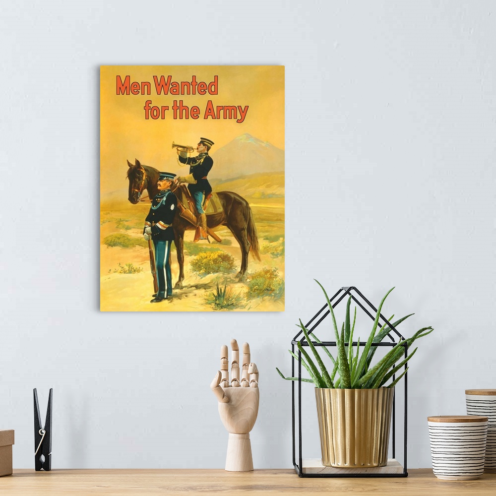 A bohemian room featuring Vintage World War I poster featuring two soldiers, one mounted on a horse blowing a bugle and the...