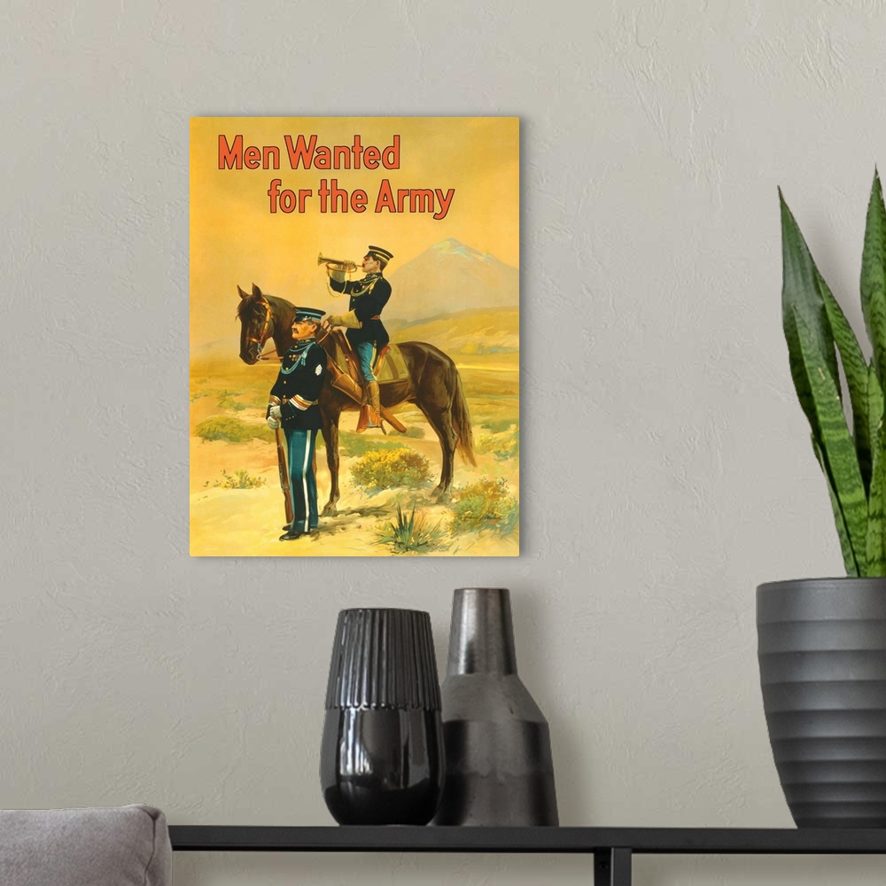 A modern room featuring Vintage World War I poster featuring two soldiers, one mounted on a horse blowing a bugle and the...