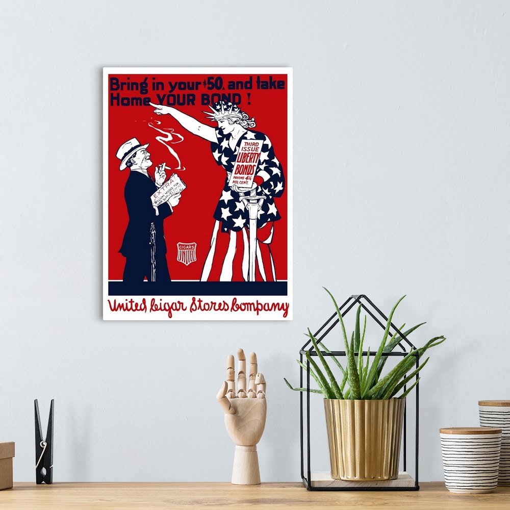 A bohemian room featuring Vintage World War I poster of a man smoking a cigar as Lady Liberty points at him. It reads, Brin...