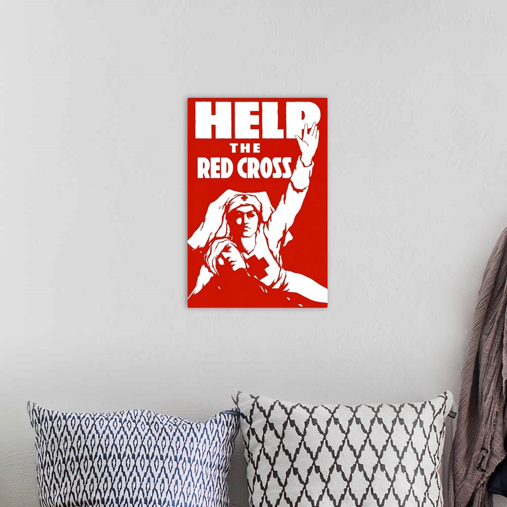 A bohemian room featuring Vintage World War I poster of a Red Cross nurse helping a wounded soldier. It reads, Help The Red...