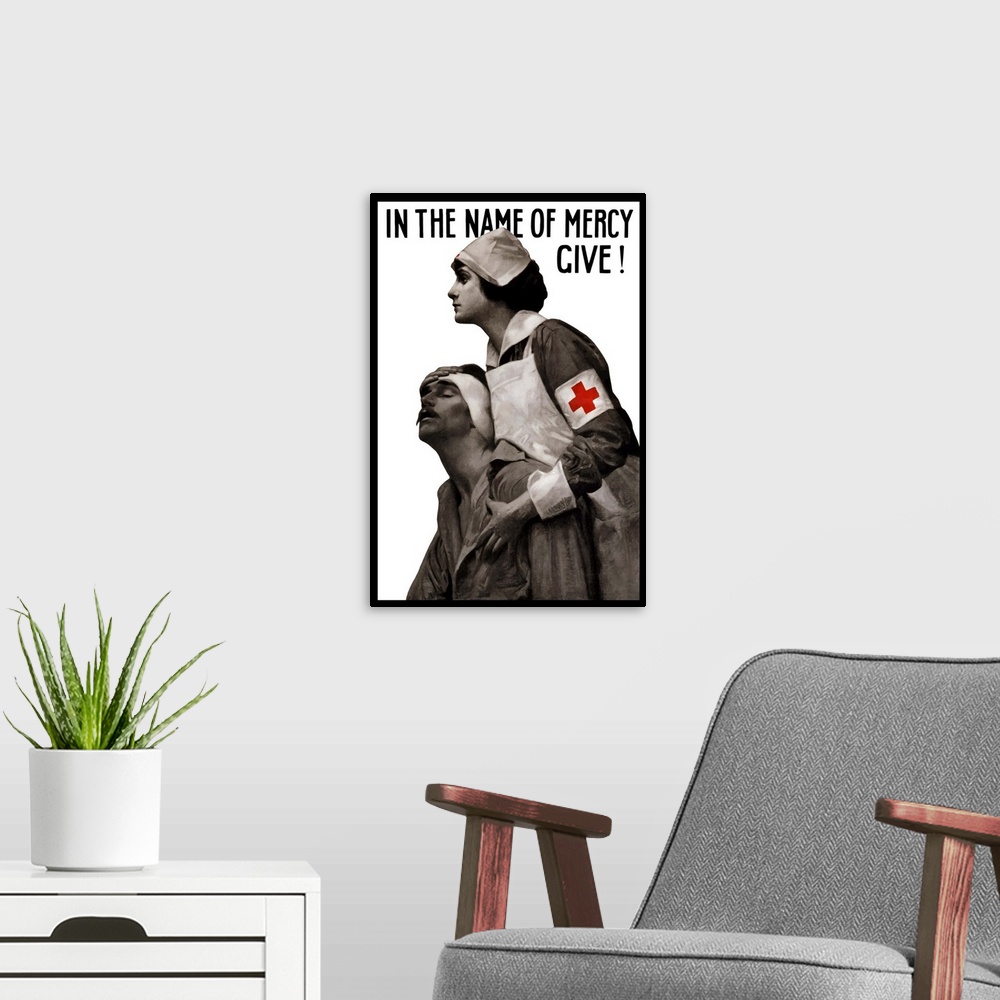 A modern room featuring Vintage World War I poster of a Red Cross nurse holding a wounded man. It reads, In the name of m...