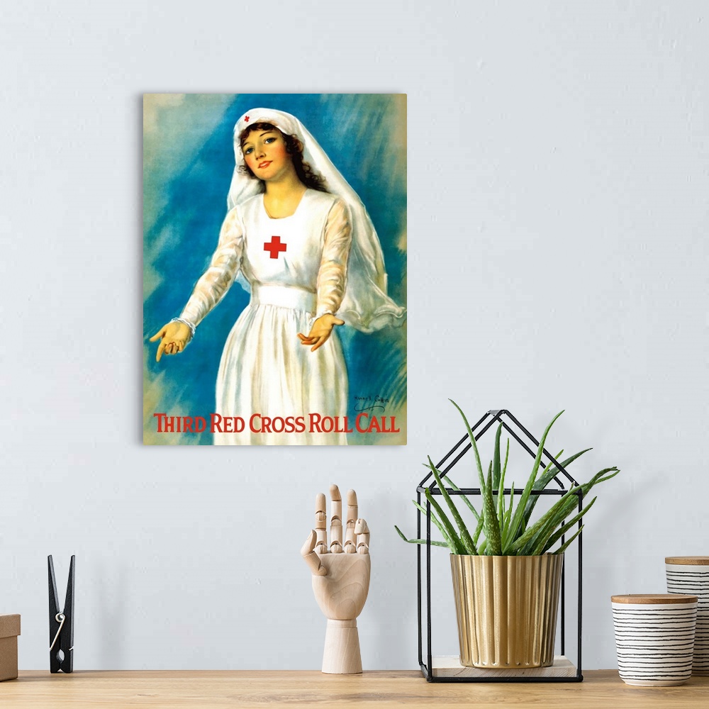 A bohemian room featuring Vintage World War One poster of a Red Cross nurse holding open her arms. It reads, Third Red Cros...