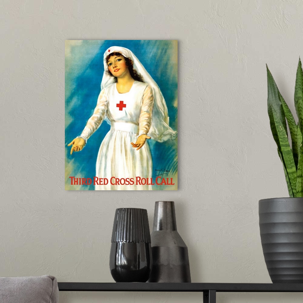 A modern room featuring Vintage World War One poster of a Red Cross nurse holding open her arms. It reads, Third Red Cros...