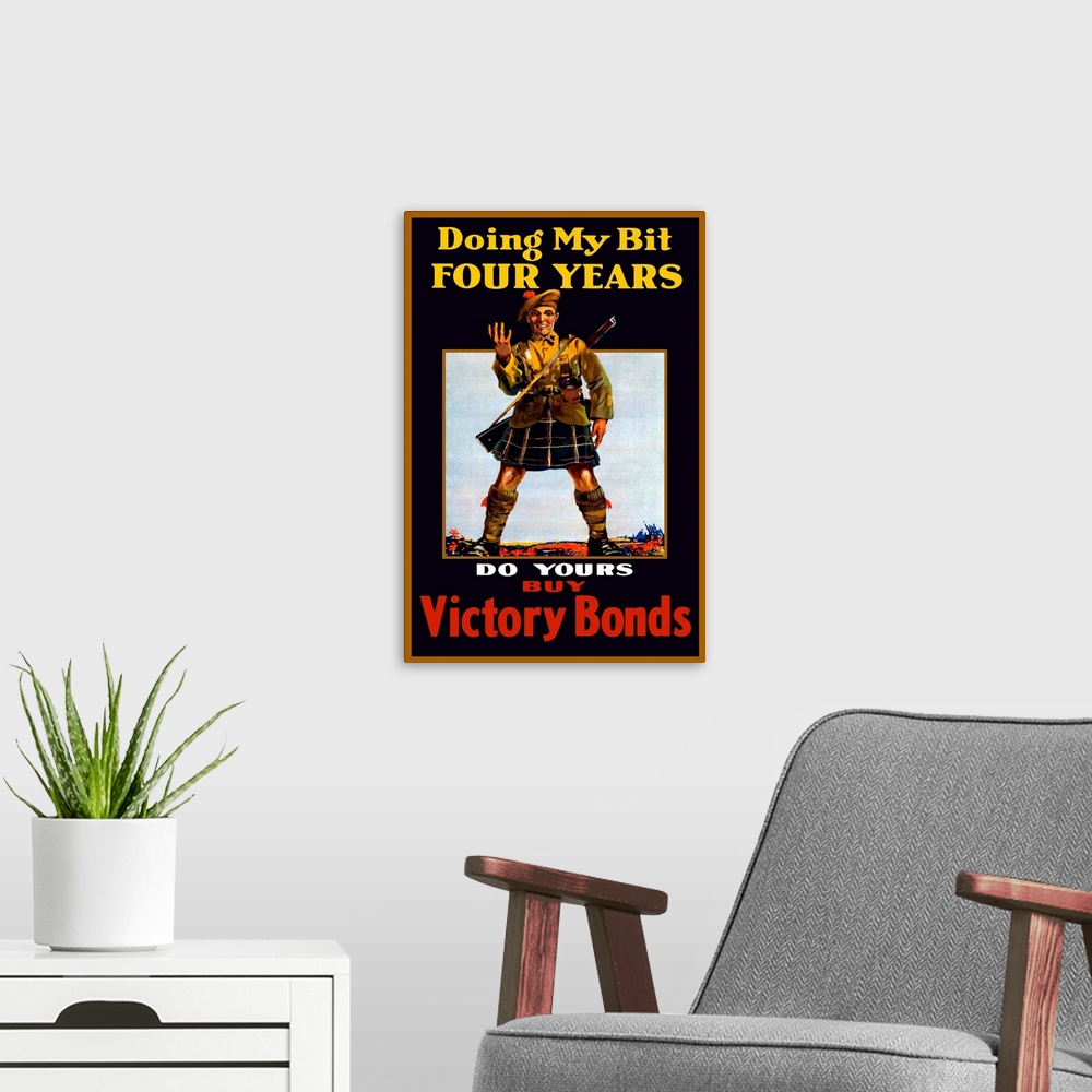 A modern room featuring Vintage World War One poster of a soldier holding up four fingers. It reads, Doing My Bit Four Ye...