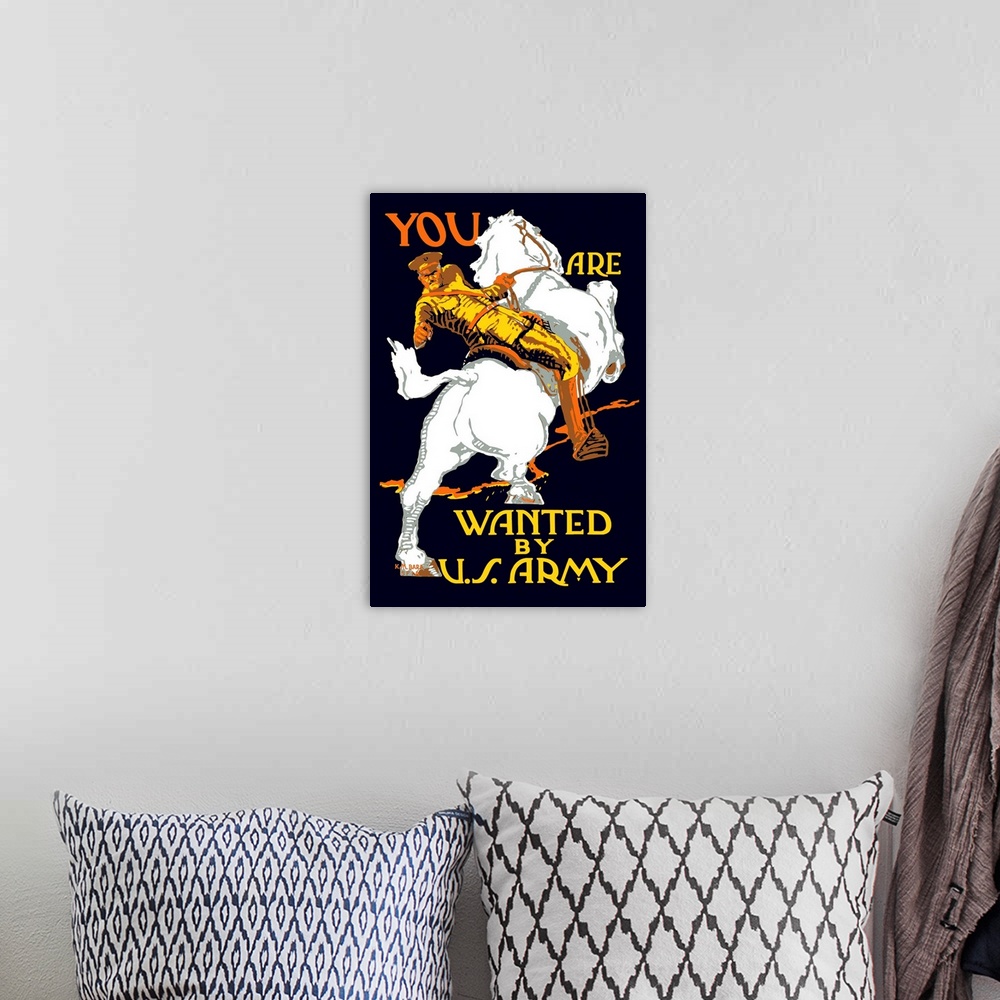 A bohemian room featuring Vintage World War I poster of a U.S. Army officer on horseback, pointing at the viewer. It reads,...