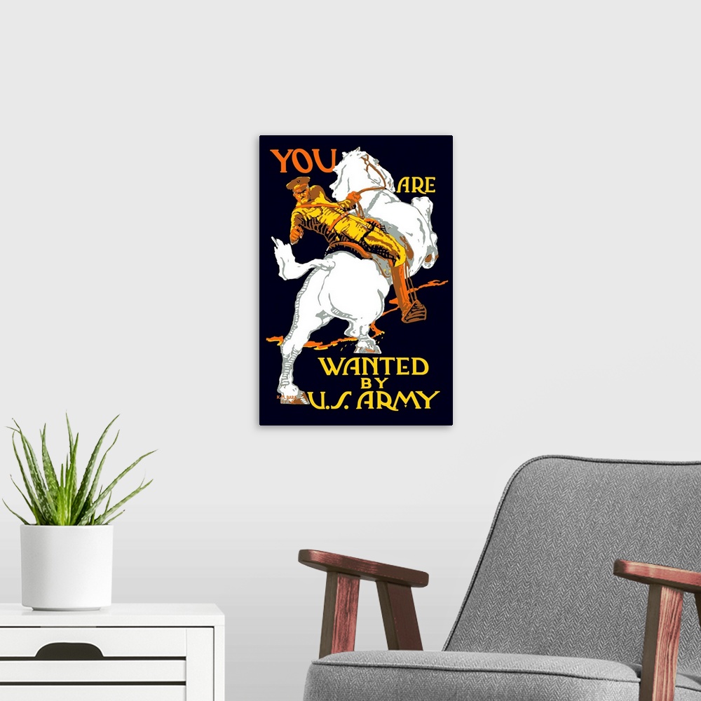 A modern room featuring Vintage World War I poster of a U.S. Army officer on horseback, pointing at the viewer. It reads,...