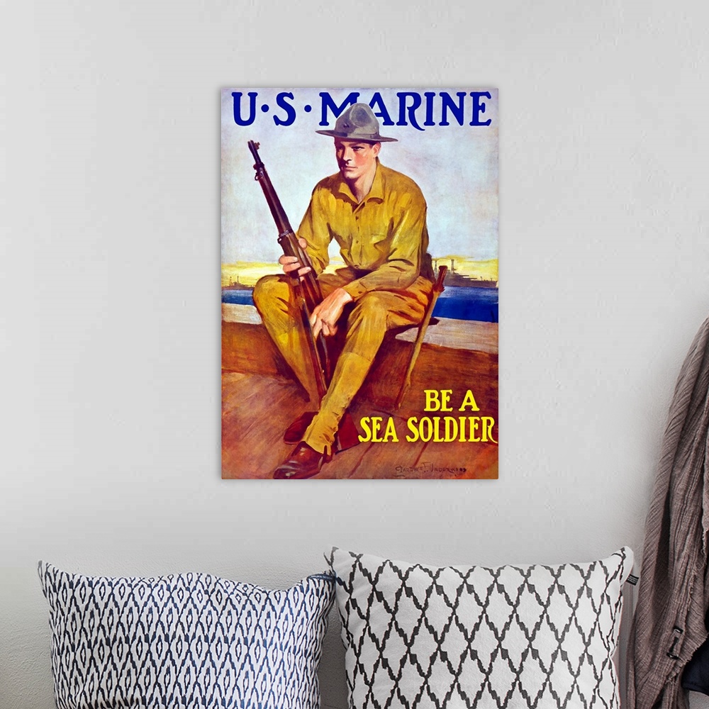 A bohemian room featuring Vintage World War One poster of a U.S. Marine holding his rifle, sitting near the harbor. It read...