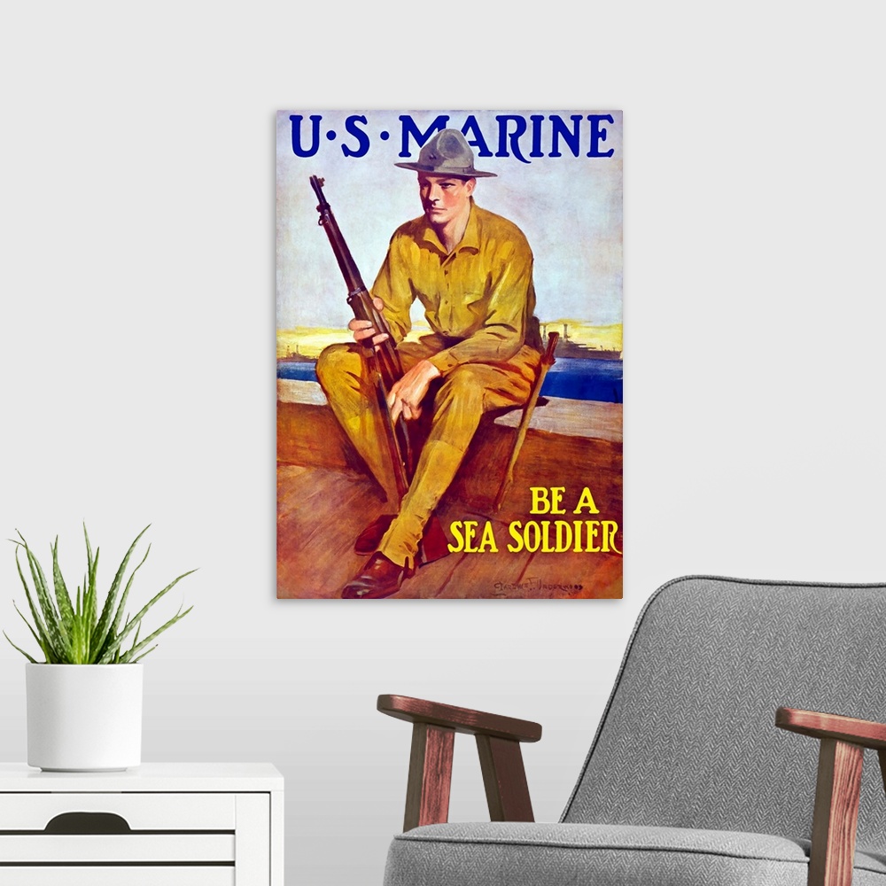 A modern room featuring Vintage World War One poster of a U.S. Marine holding his rifle, sitting near the harbor. It read...