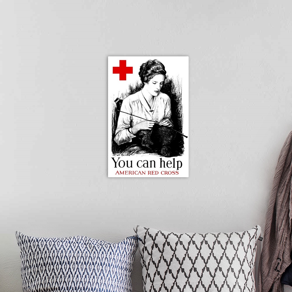 A bohemian room featuring Vintage World War One poster of a young woman knitting and a large red cross. It reads, You can h...