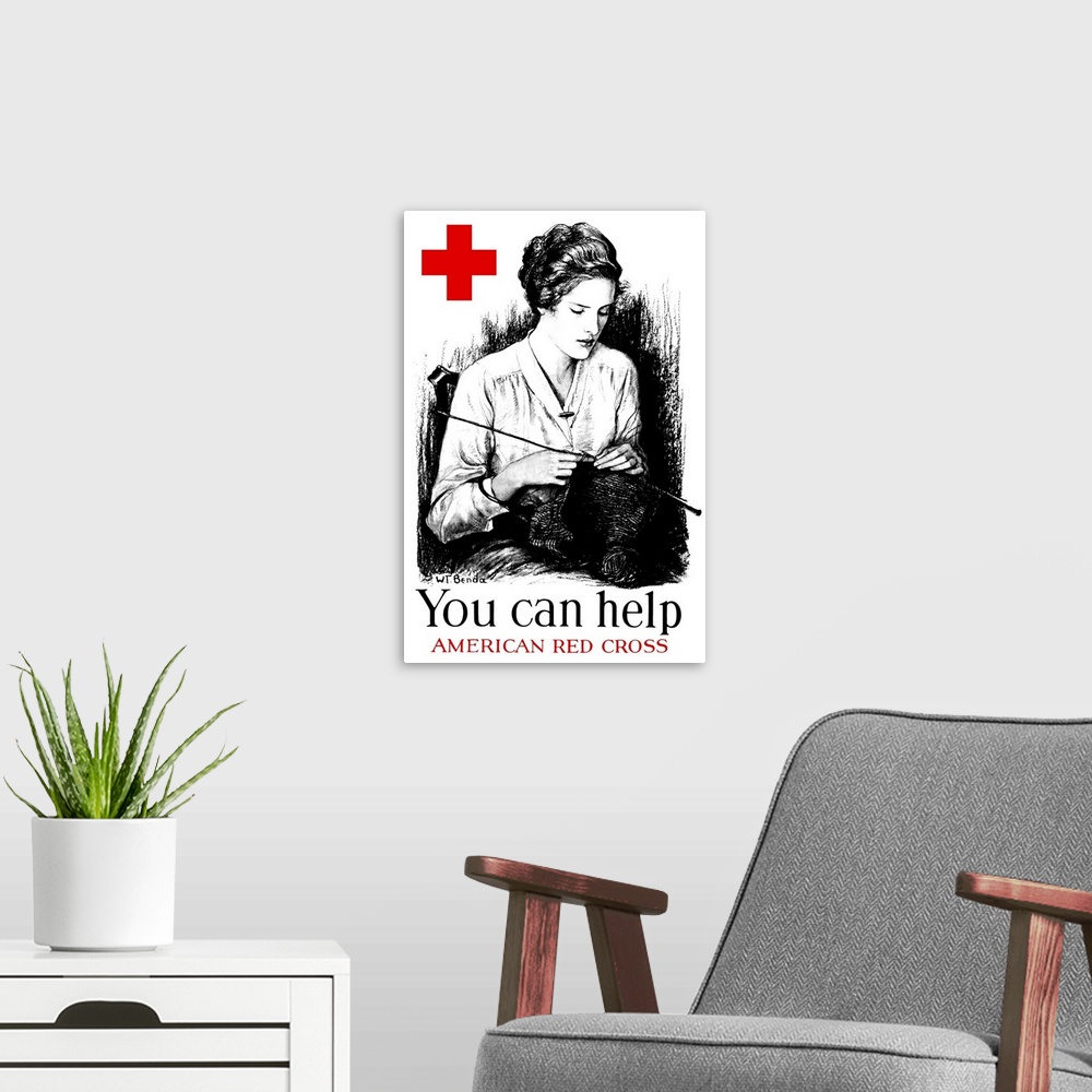 A modern room featuring Vintage World War One poster of a young woman knitting and a large red cross. It reads, You can h...