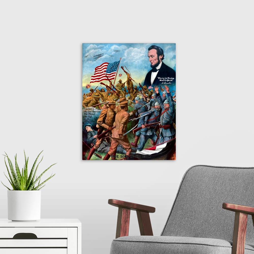 A modern room featuring Vintage World War I poster of African American troops in battle during World War I and President ...