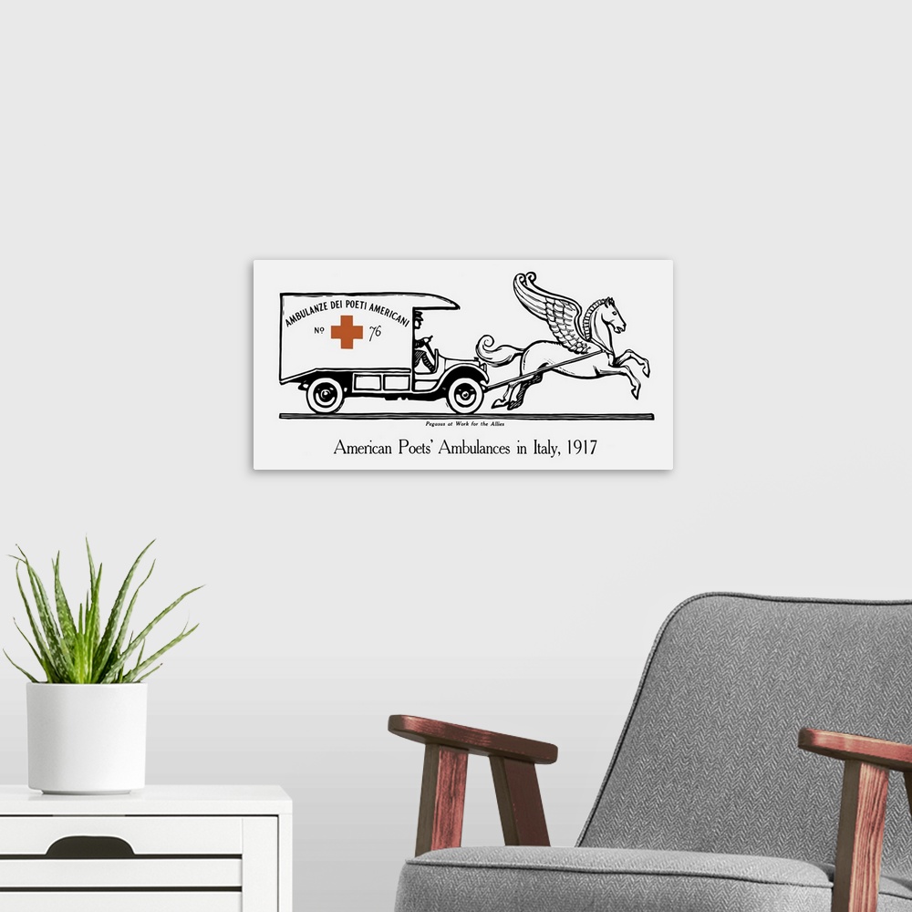 A modern room featuring Vintage World War I poster of an ambulance being pulled by Pegasus.