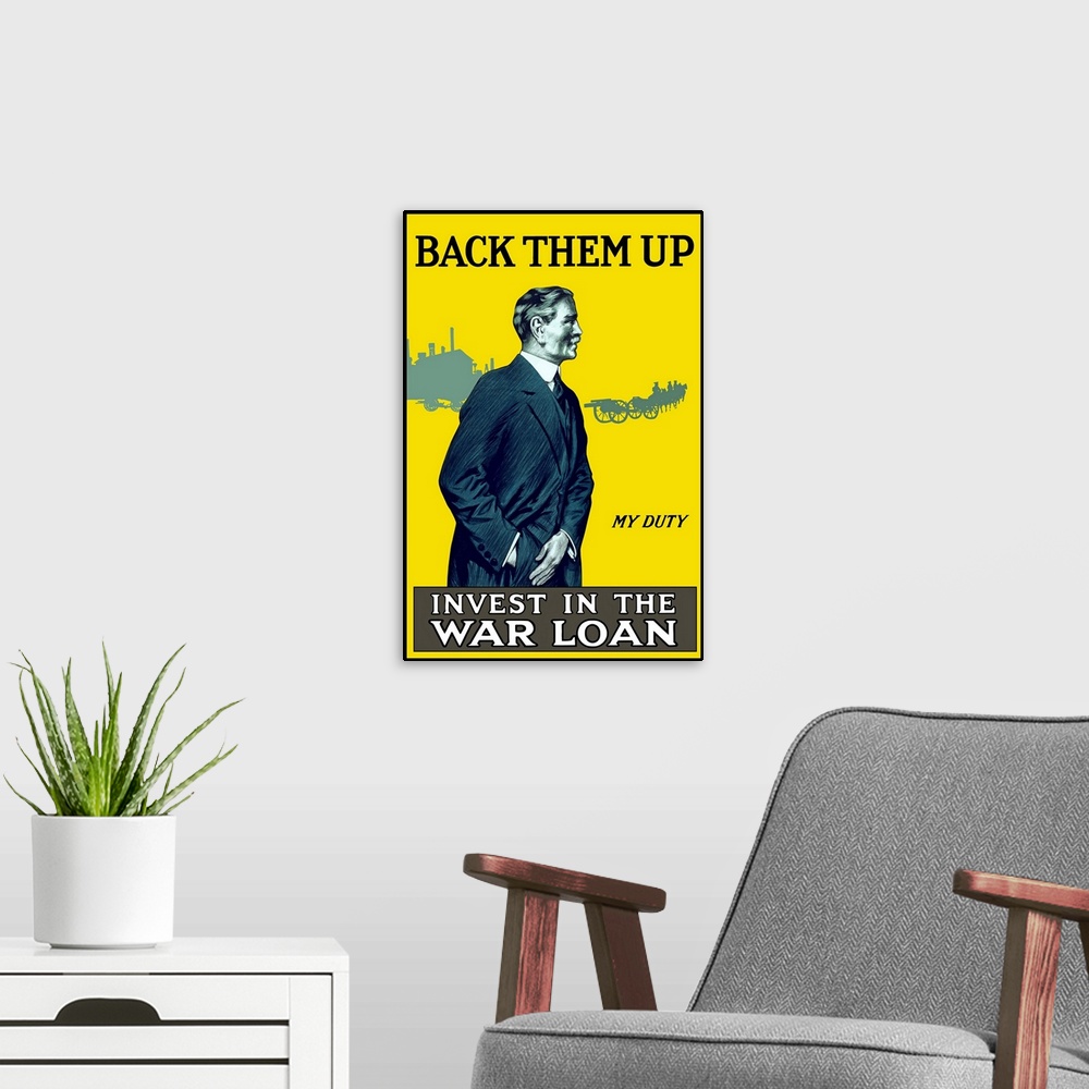 A modern room featuring Vintage World War I poster of an older man reaching into his pocket as artillery and soldiers mar...
