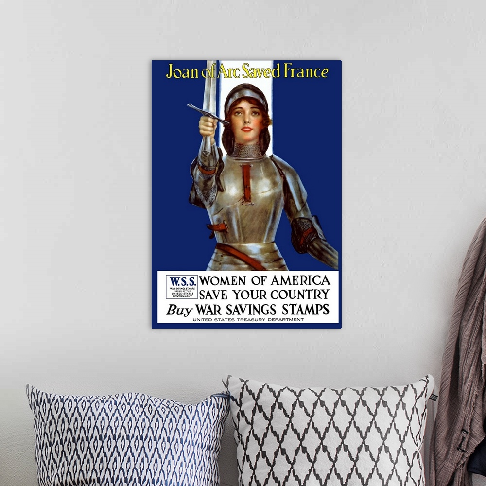 A bohemian room featuring Vintage World War One poster of Joan of Arc wearing armor, raising a sword. It reads, Joan of Arc...