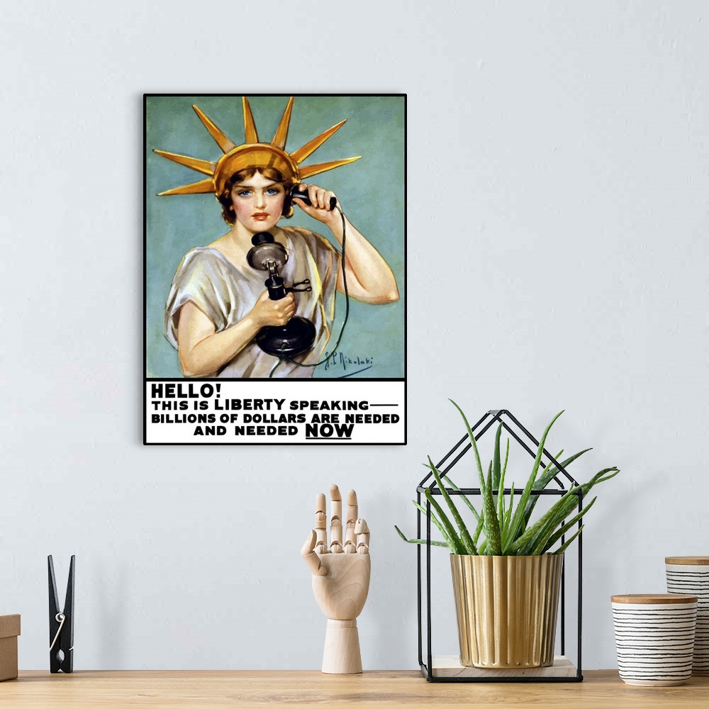 A bohemian room featuring Vintage World War I poster of the Statue of Liberty talking on the telephone. It reads, Hello! Th...