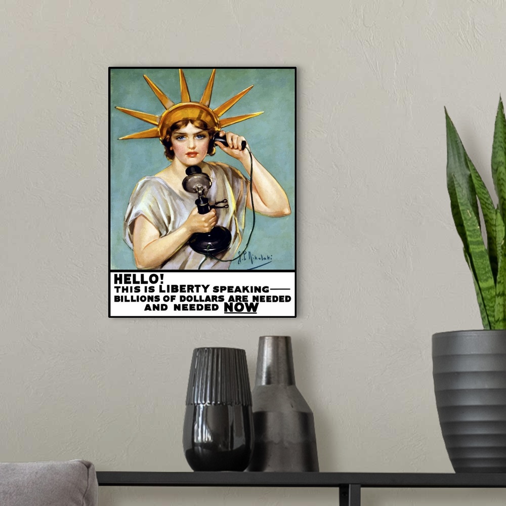 A modern room featuring Vintage World War I poster of the Statue of Liberty talking on the telephone. It reads, Hello! Th...