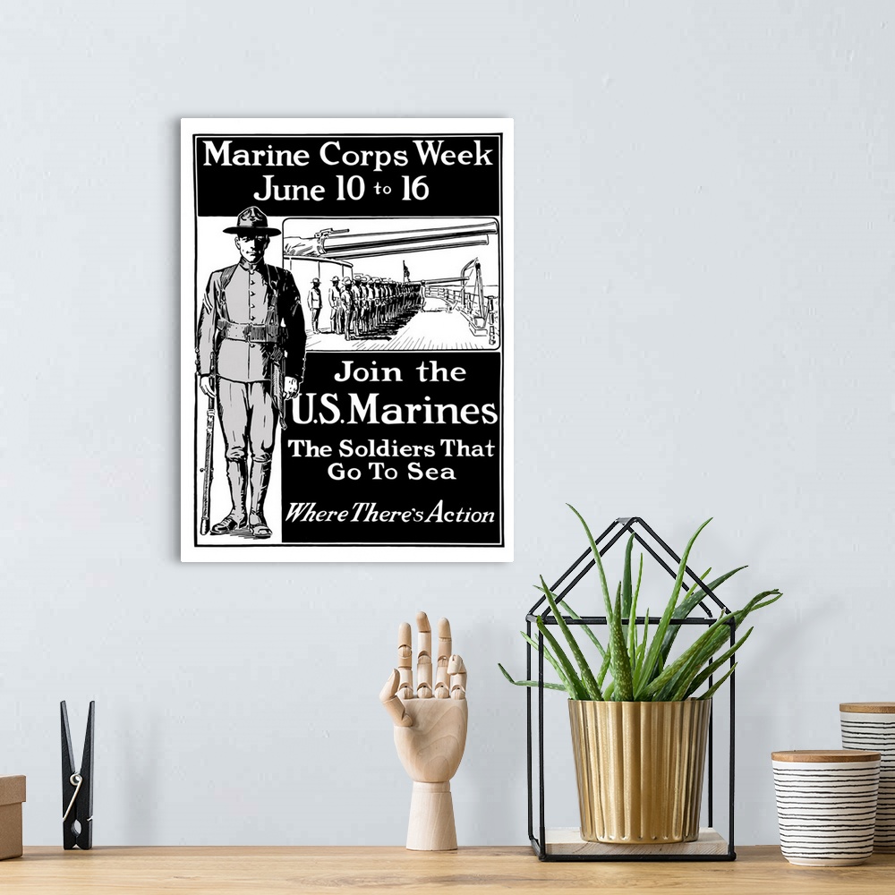 A bohemian room featuring Vintage World War One poster showing a Marine standing at attention and Marines on a battleship. ...