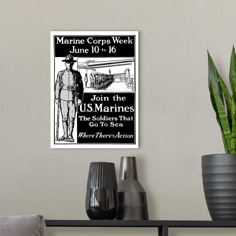 A modern room featuring Vintage World War One poster showing a Marine standing at attention and Marines on a battleship. ...