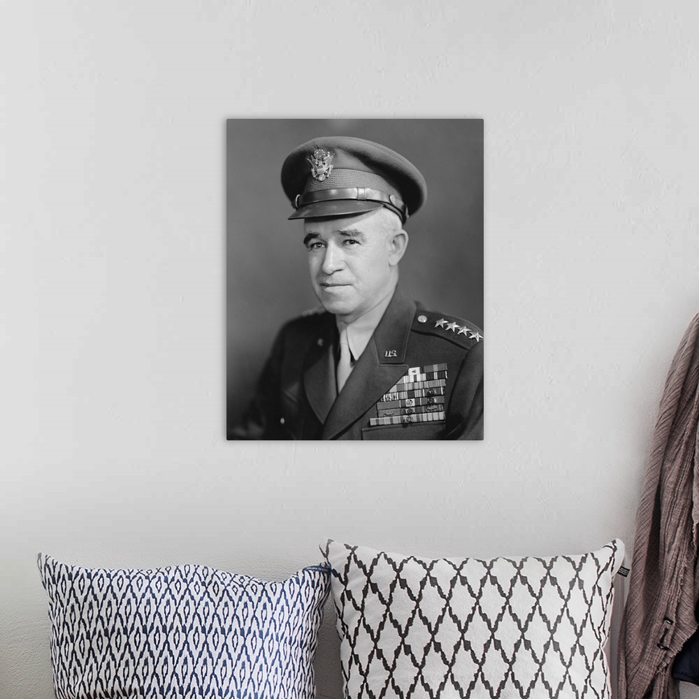 A bohemian room featuring Vintage World War II photo of Four Star General Omar Bradley.