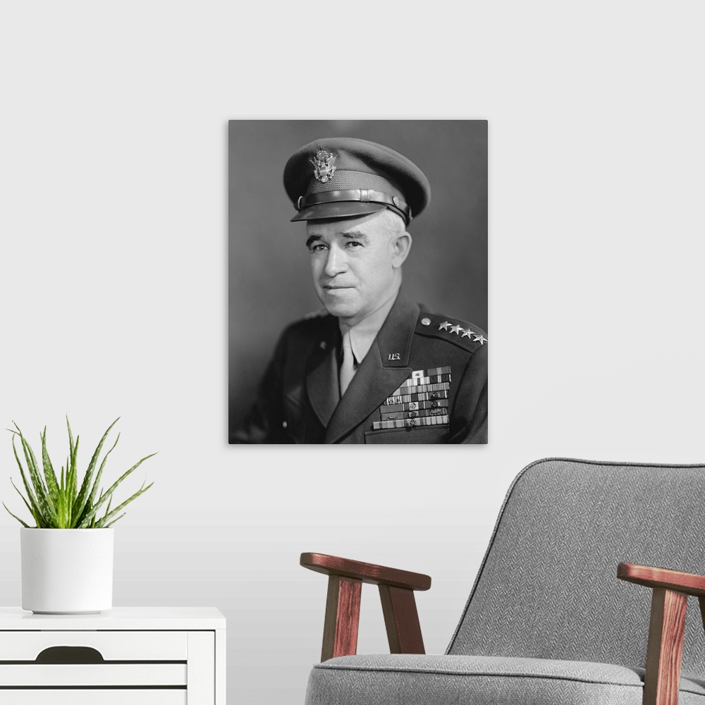 A modern room featuring Vintage World War II photo of Four Star General Omar Bradley.
