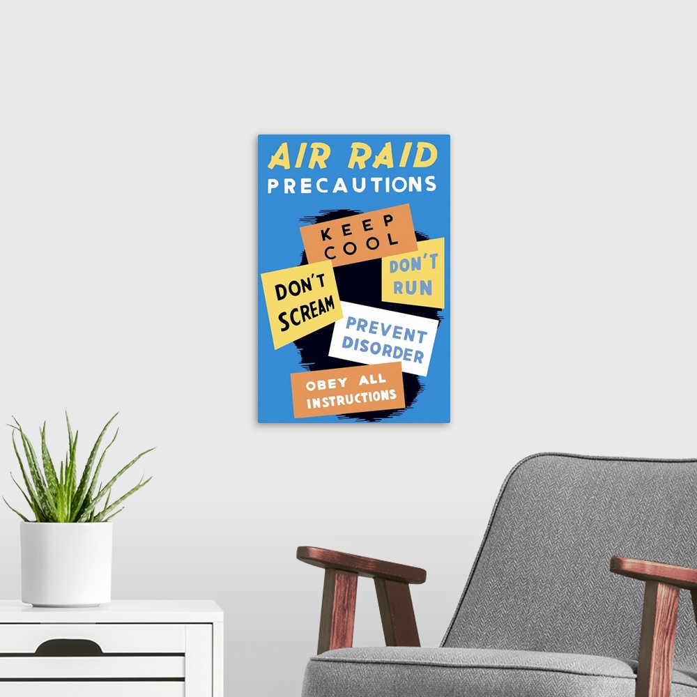 A modern room featuring Vintage World War II poster featuring a blue background and five different signs. It reads, Air R...