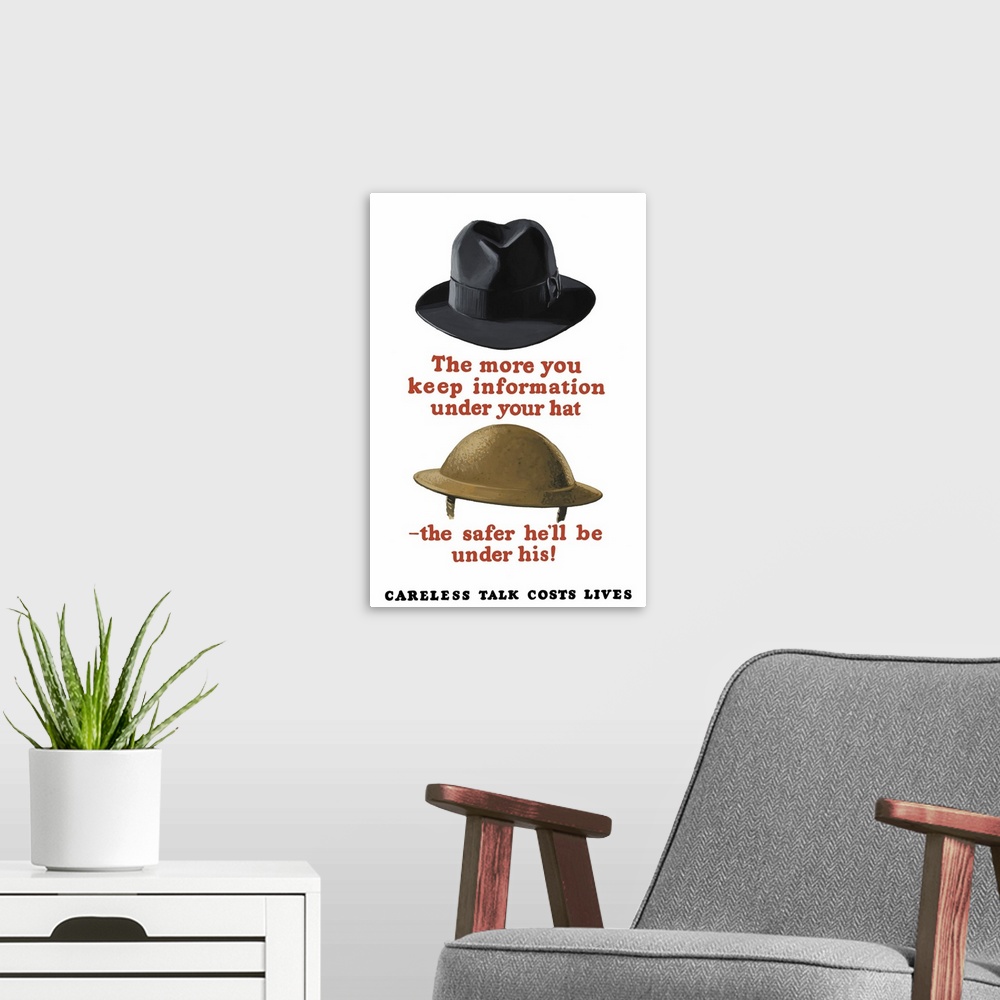 A modern room featuring Vintage World War II poster featuring a fedora and an Army helmet.