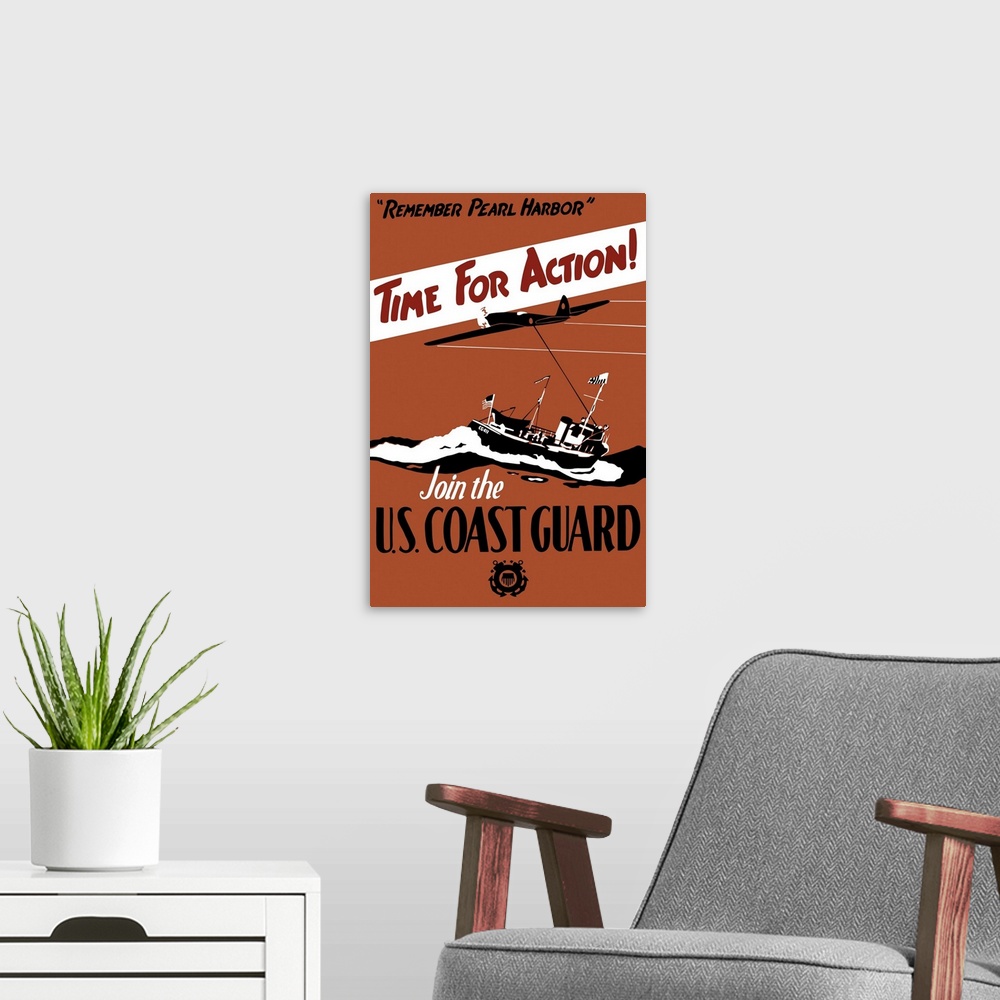 A modern room featuring Vintage World War II poster featuring a fighter plane and a ship patrolling the sea.