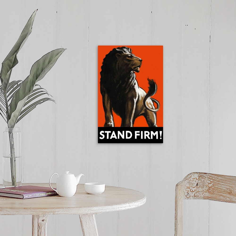 A farmhouse room featuring Vintage World War II poster featuring a male lion.