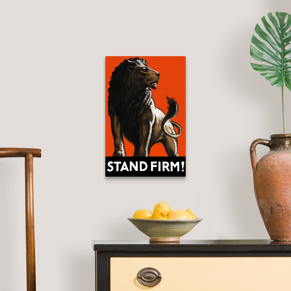 A traditional room featuring Vintage World War II poster featuring a male lion.