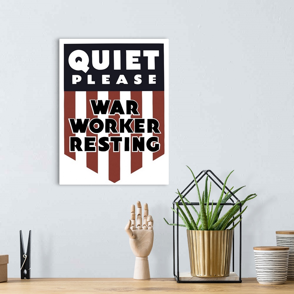 A bohemian room featuring Vintage World War II poster featuring a red, white, and blue shield