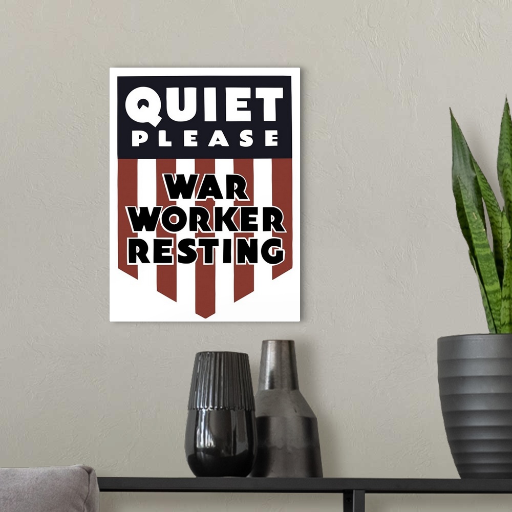 A modern room featuring Vintage World War II poster featuring a red, white, and blue shield