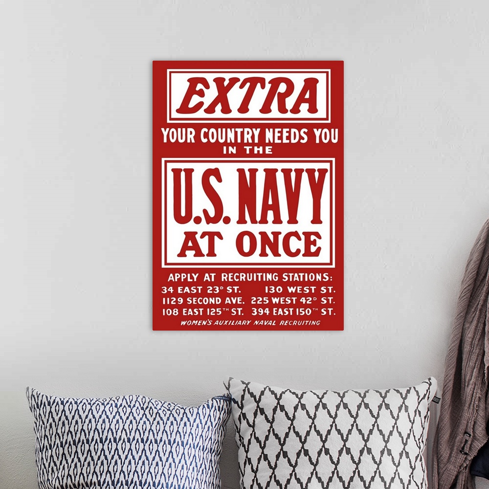 A bohemian room featuring Vintage World War II poster is a plea for Navy recruits. It reads, Extra, Your Country Needs You ...