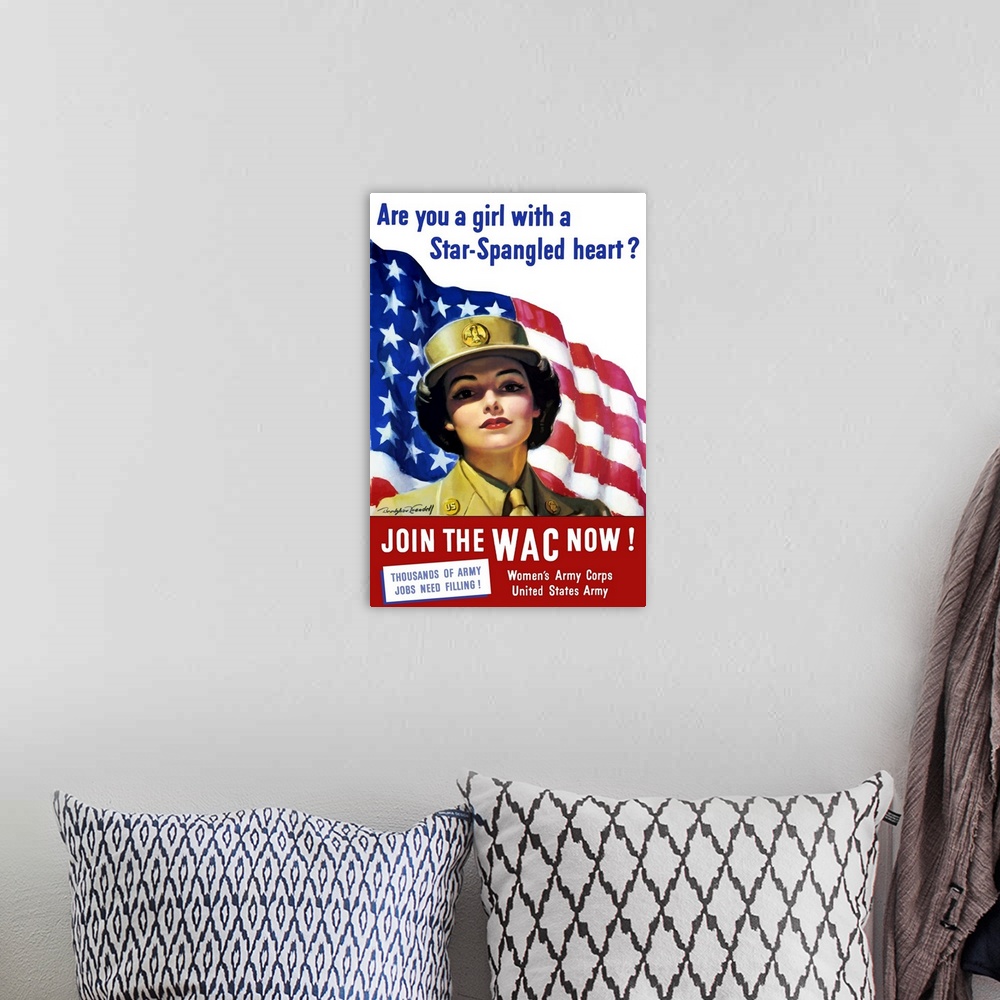 A bohemian room featuring Vintage World War II poster of a member of The Women's Army Corps standing before the American fl...