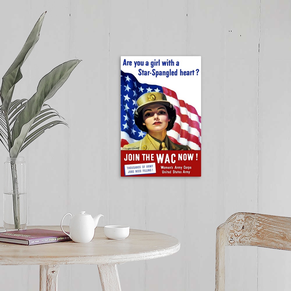 A farmhouse room featuring Vintage World War II poster of a member of The Women's Army Corps standing before the American fl...