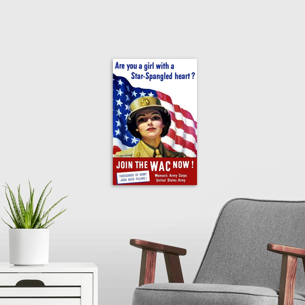 A modern room featuring Vintage World War II poster of a member of The Women's Army Corps standing before the American fl...