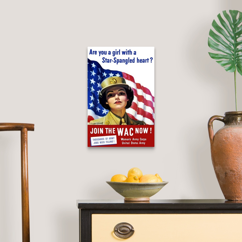 A traditional room featuring Vintage World War II poster of a member of The Women's Army Corps standing before the American fl...