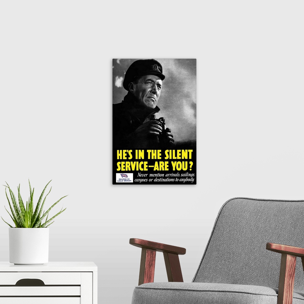 A modern room featuring Vintage World War II poster of a naval officer holding binoculars while on the lookout. It declar...