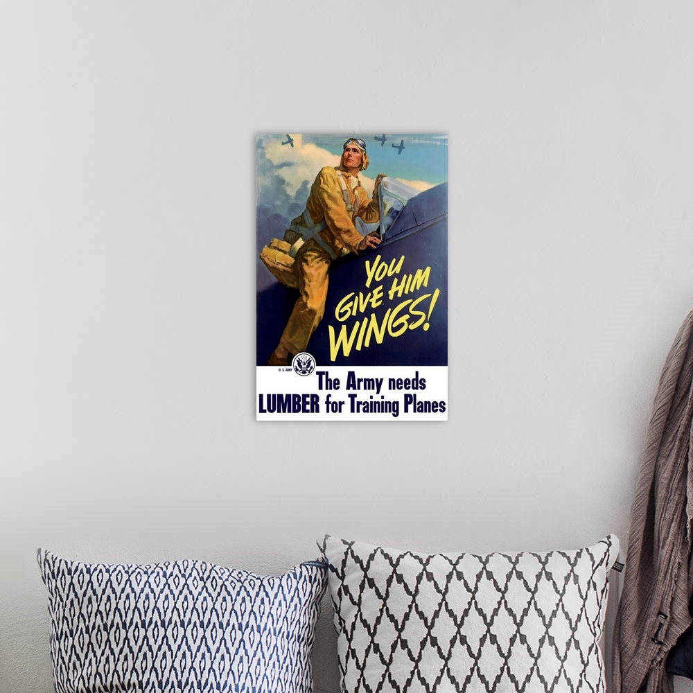 A bohemian room featuring Vintage World War II poster of a pilot getting into his plane, and aircraft flying in the backgro...