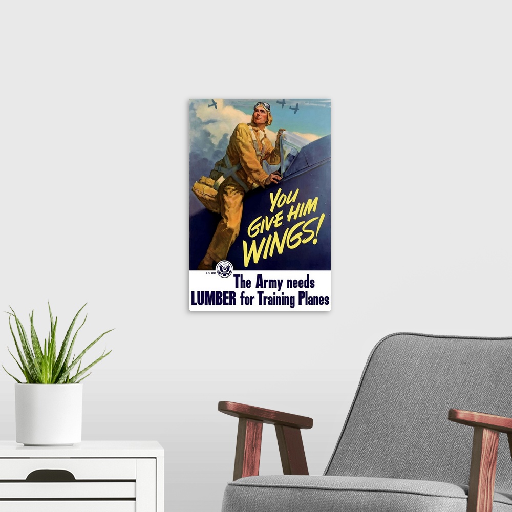 A modern room featuring Vintage World War II poster of a pilot getting into his plane, and aircraft flying in the backgro...