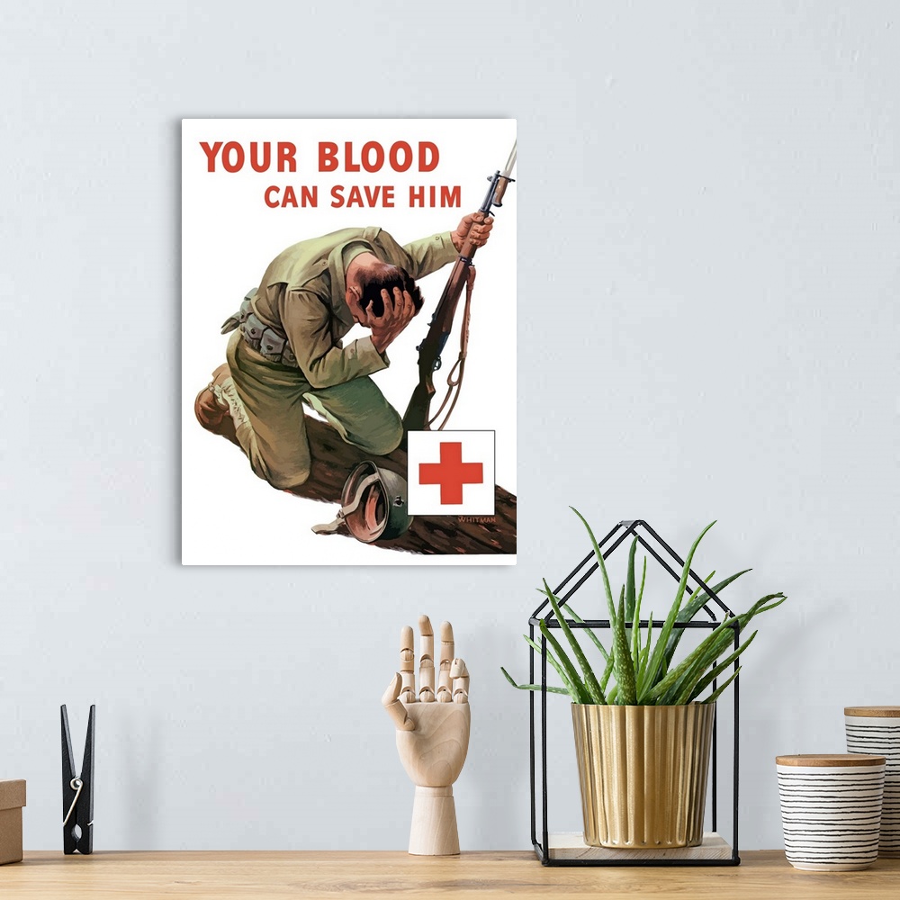 A bohemian room featuring Vintage World War II poster of a soldier kneeling and holding his head, his helmet lays beside hi...