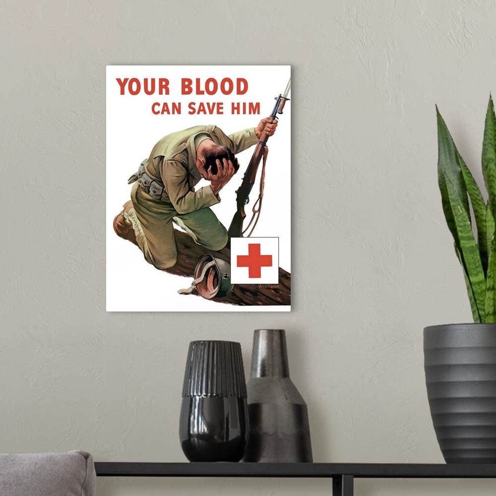 A modern room featuring Vintage World War II poster of a soldier kneeling and holding his head, his helmet lays beside hi...
