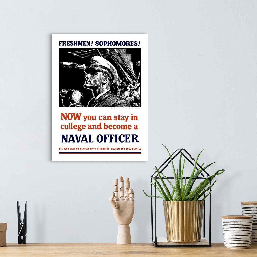 A bohemian room featuring Vintage World War II poster of a U.S. Naval Officer holding binoculars. Behind him sailors fire a...