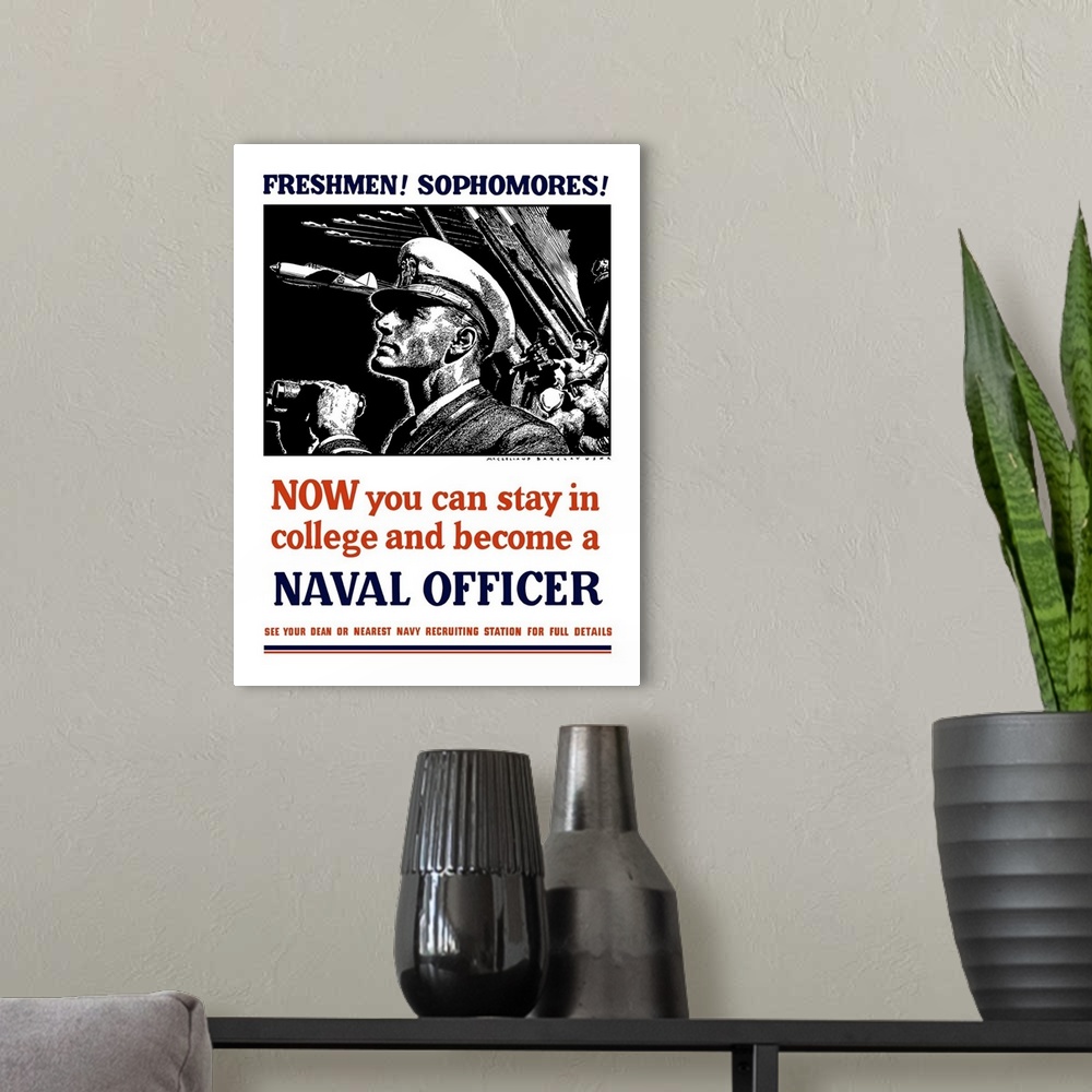 A modern room featuring Vintage World War II poster of a U.S. Naval Officer holding binoculars. Behind him sailors fire a...